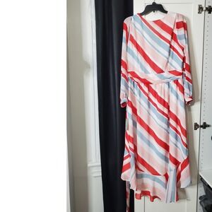 NWT Nordstrom Red Pink‎ Striped Hi-Lo Midi Dress Long Sleeve Size L